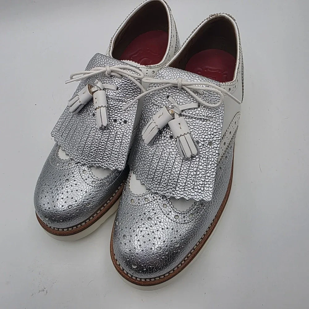 Grenson Emily Wingtip Brogues Womens 7 (UK 4.5) Silver White Platform Oxford